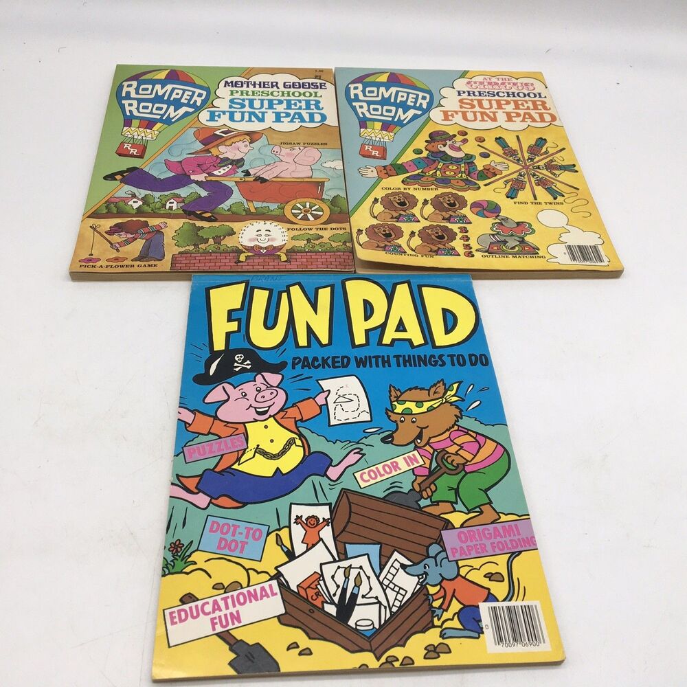 Three 1970s 80s  Fun Pad Books Romper Room Mazes Origami Coloring Dot to Dot Act